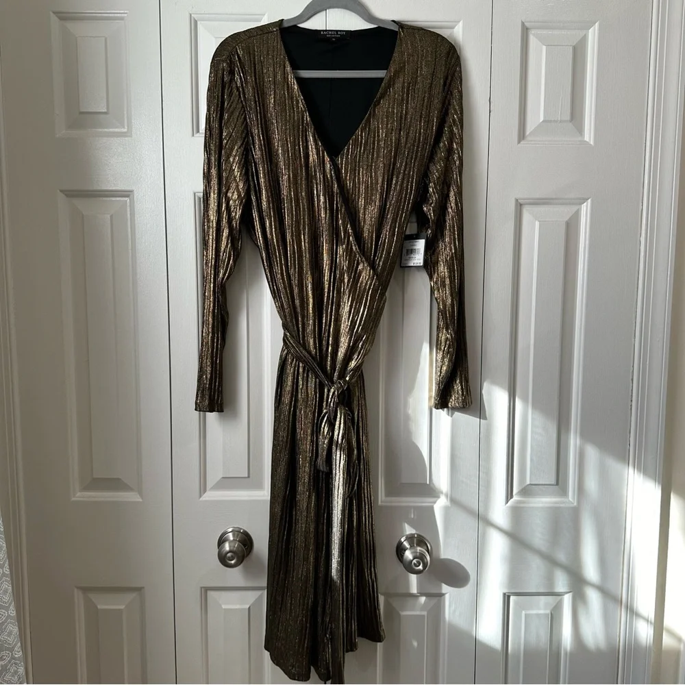 Rachel Roy Collection Pleated Metallic Wrap Dress Black & Gold 2X NWT